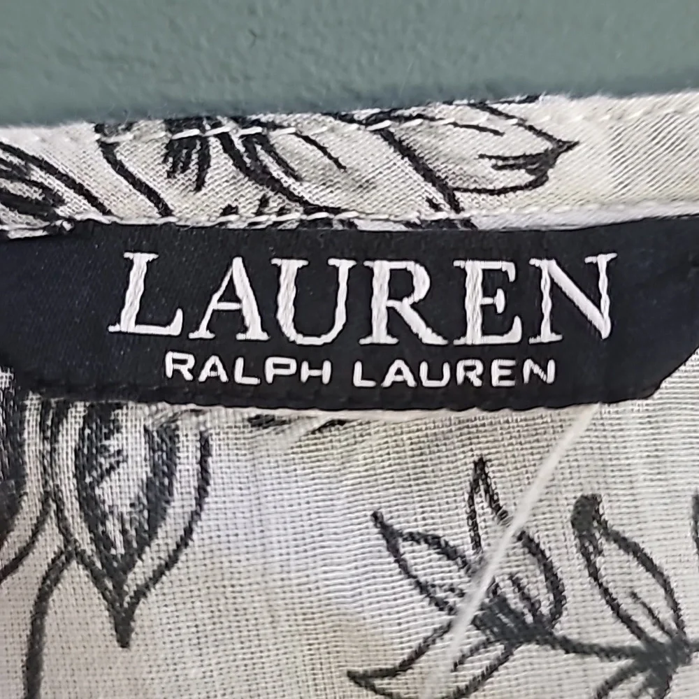 RALPH LAUREN, white with black floral print. OS.‎ Empire waist tie cover up.